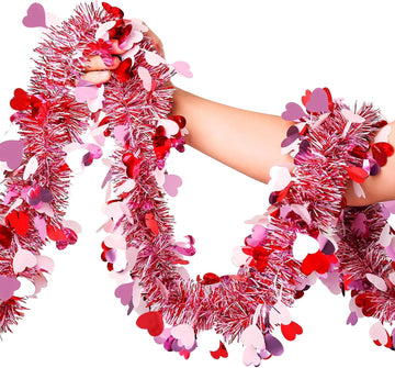 Valentines Garland Decor,50Ft Glitter Tinsel Heart Garland Decorations for Tree Mantle Bedroom Office Classroom Party - Set of 50