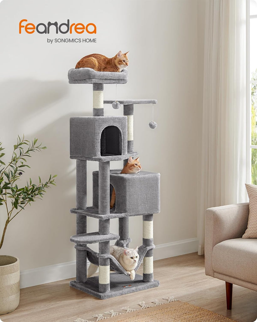 Cat Tree, 59.5-Inch Tall Cat Tower, Plush Multi-Level Condo with 5 Scratching Posts, 2 Perches, 2 Caves, Hammock