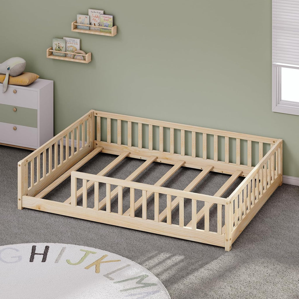 Twin Montessori Floor Bed with Rails | Solid Wood Natural Floor Bed Frame for Kids, Montessori Bed with Slats, No Box