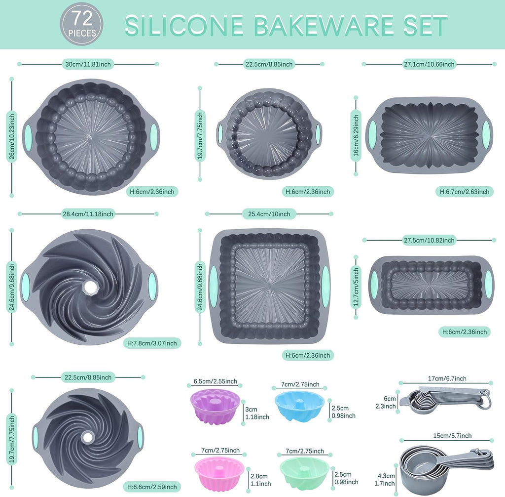 72 Pieces Silicone Bakeware Set, Nonstick Pans Set, Easy Release Oven Silicone Pan with Cake Pans, Loaf Pans, Cups
