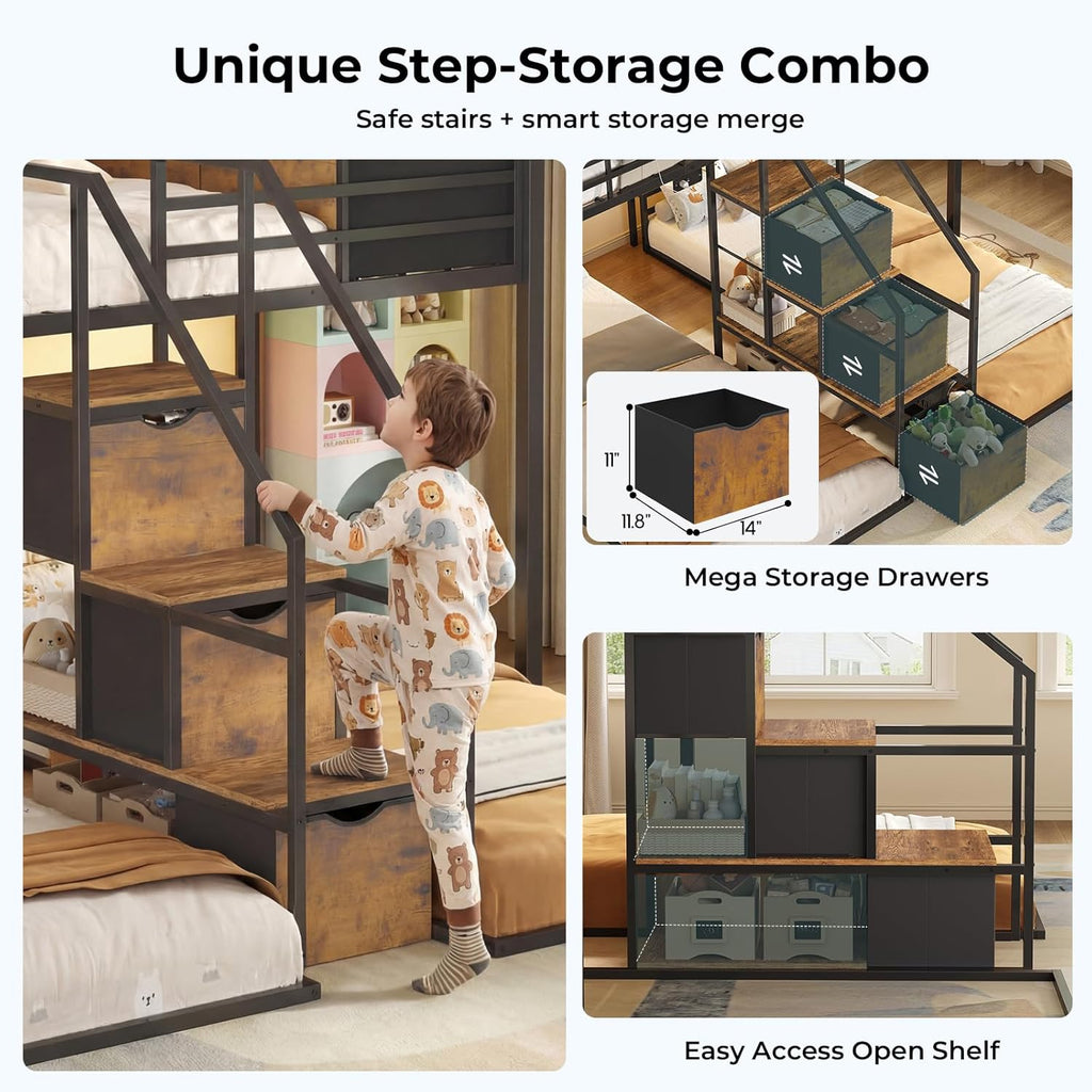 Triple Bunk Bed with Storage Staircase, RGB Lights & Charging Station, Twin Over Twin