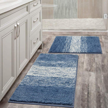 Luxury Soft Bathroom Rugs Set of 2, Blue Non Slip Bath Floor Mat | Microfiber Shaggy Plush Absorbent Striped Washable