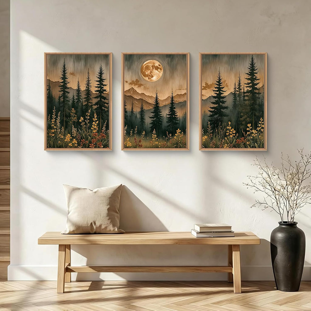Vintage Boho Nature Moonlight Forest Mountain Framed Canvas Wall Art Set,Wilderness Dark Moon Woodland Floral
