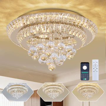 18 inch Crystal Chandeliers With Remote and APP Control, Modern Luxury Flush Mount Gold Ceiling Light, 3CCT Dimmable