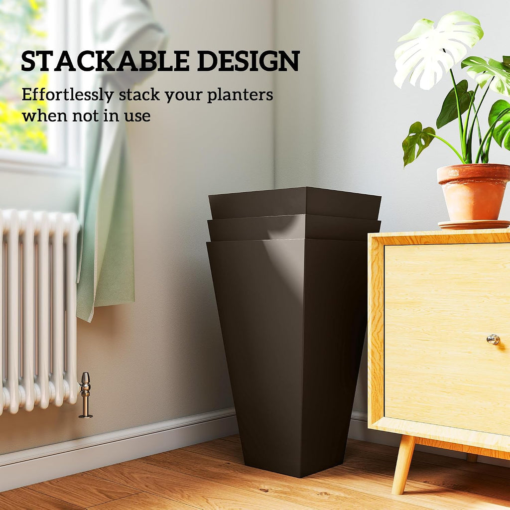 28 in Tall Planters for Outdoor Plants, Set of 3, Brown | Drainage Holes, Taper Indoor Grande Plant Pots, Front Porch