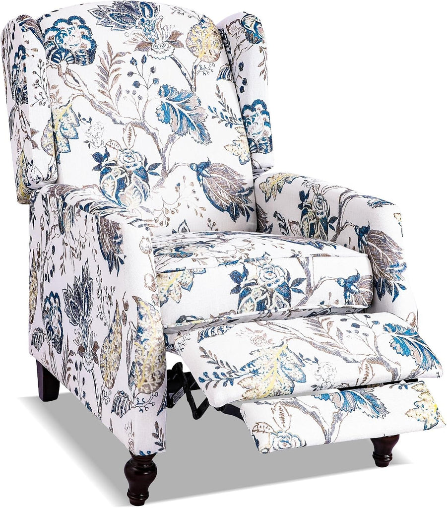 Mid Century Modern Wingback Recliner Chair for Adults, Push Back Upholstered Accent Chair with Floral Fabric, Manual