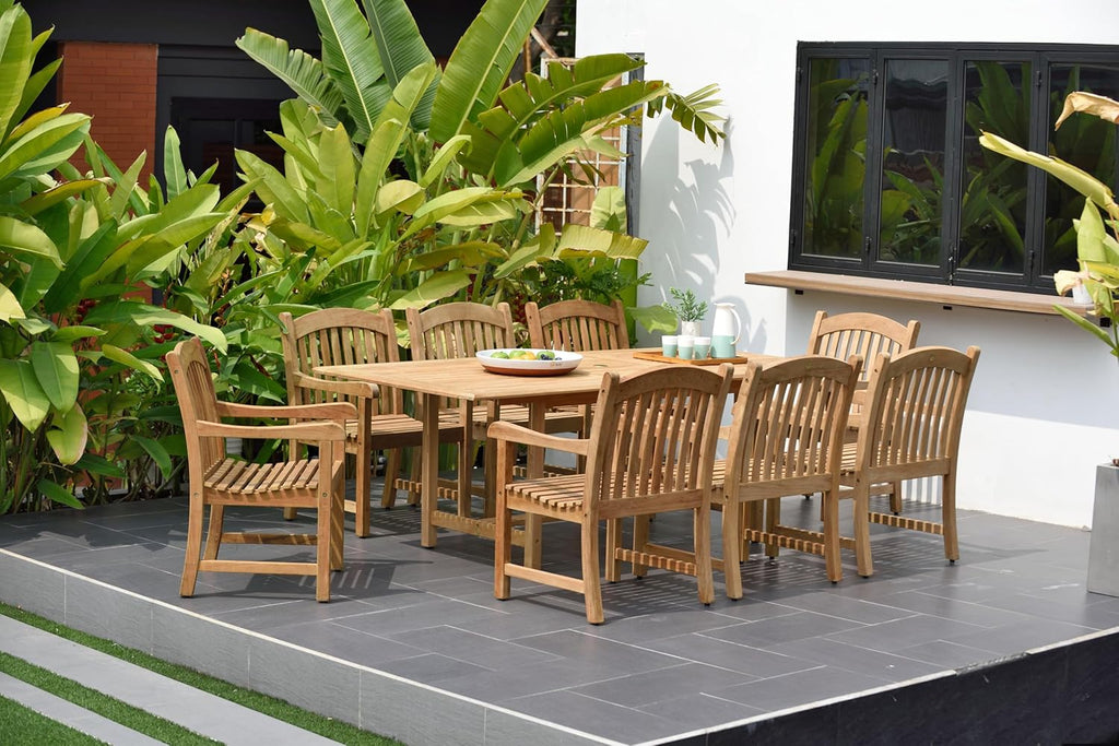 Newcastle 9-Piece Outdoor Rectangular Dining Table Set | Certified Teak | Ideal for Patio and Indoors, Light Brown