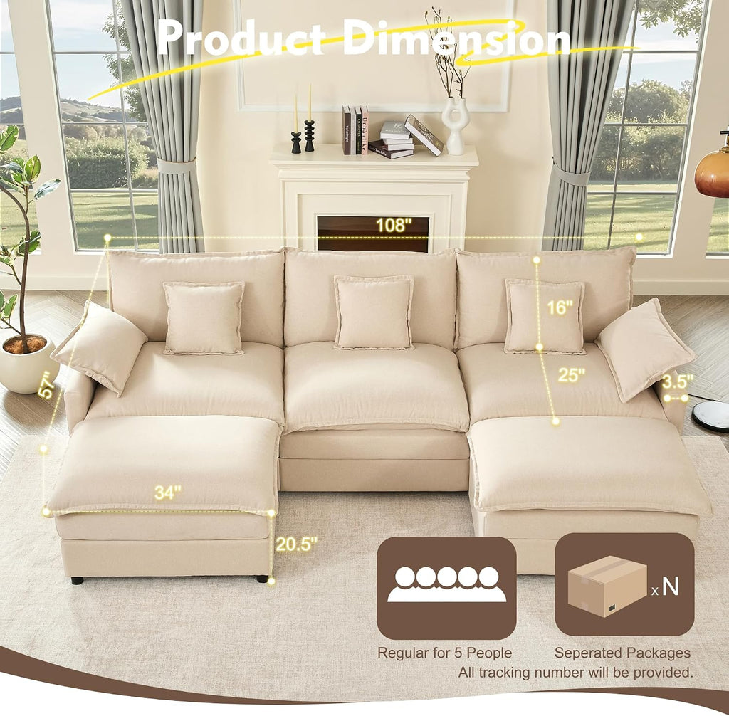 108" U-Shaped Modular Cloud Couch, Deep Seat, Linen Beige | Cloud Comfort, Couches , Removable & Machine-Washable