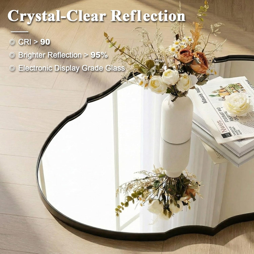 Black Scalloped Mirror, 24x36 Matte Black Scalloped Oval Mirror for Bathroom, Stainless Steel Frame, Modern