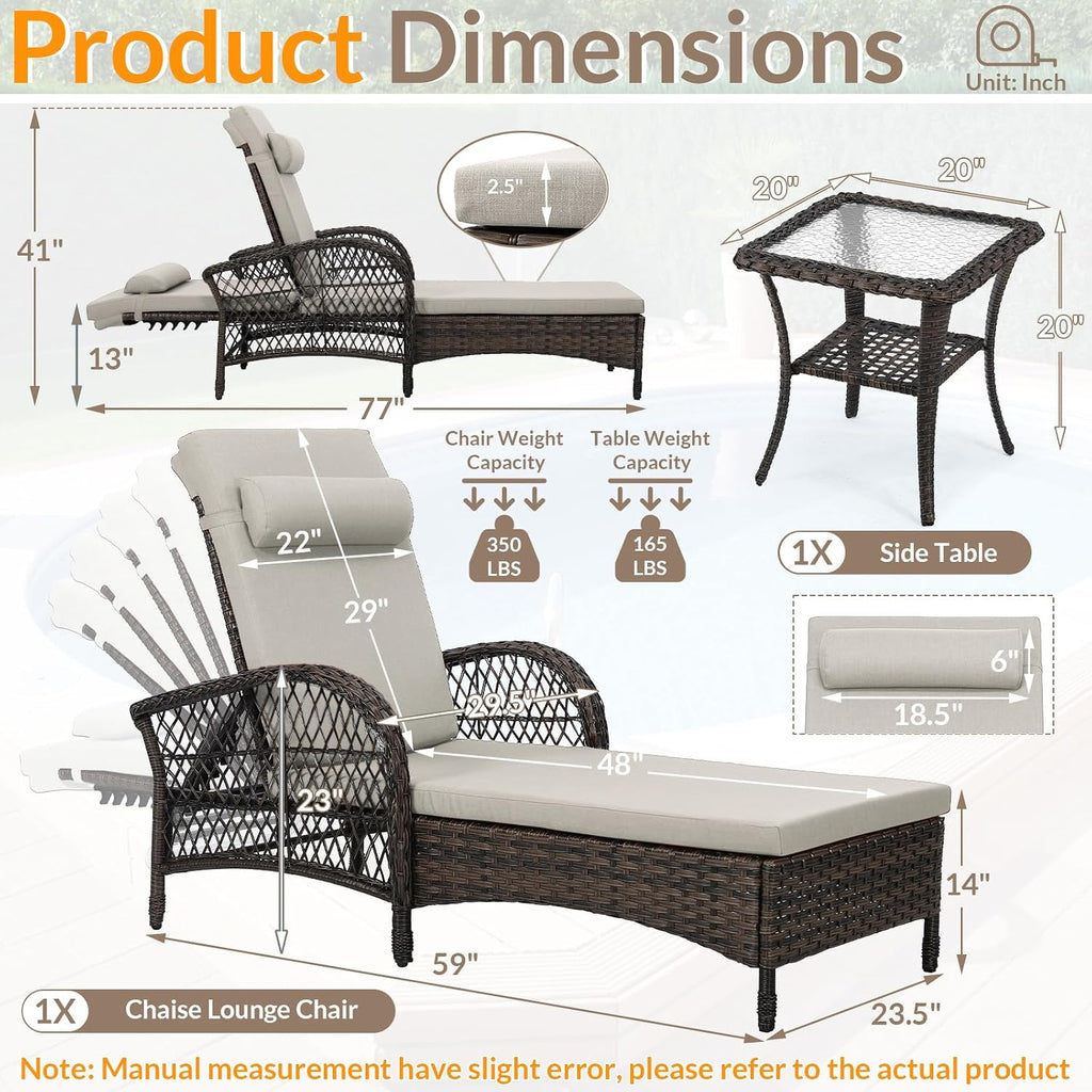 Outdoor Wicker Chaise Lounge Chair with Side Table, All-Weather Patio Lounger Chaise Sunbathing Reclining Chairs with