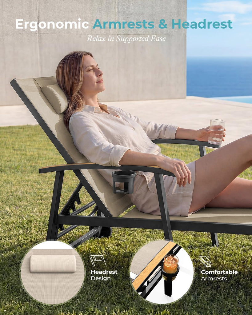 Outdoor Lounge Chair with Pillow Set of 2, 5-Position Aluminum Chaise Lounge with Wheels & Armrests, 400 lbs Heavy