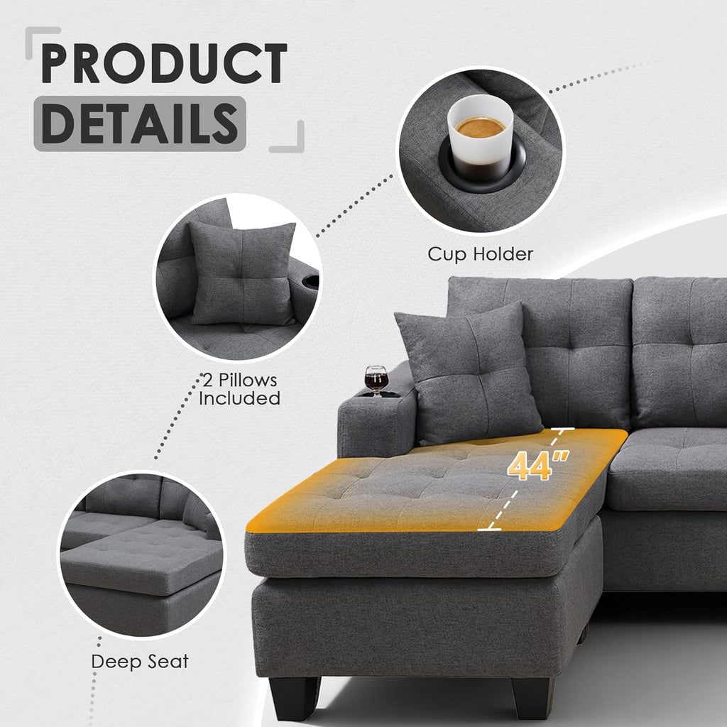 Sectional Sofa Couch, Modern 4-Seaters Living Room Furniture Sets with Reversible Chaise Lounge & 2 Pillows |