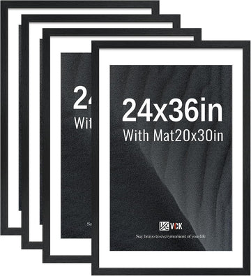 24x36 Poster Frame 4 Pack, Black Solid Wood, 20x30 Mat, for Pictures | Acid-Free Mat, Wall Hanging, Wood Texture, HD