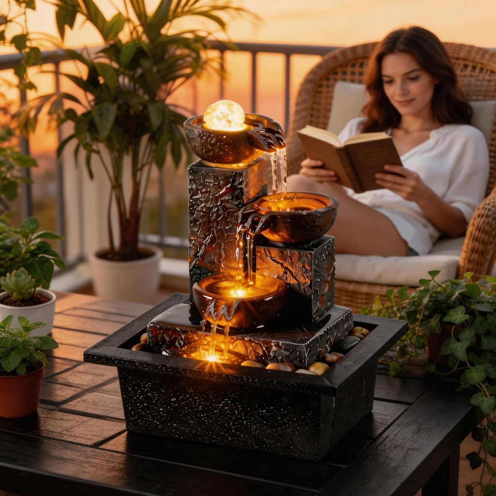 Three Bowls with Rotating Ball Flowing Tabletop Fountain Home Décor Indoor Decor Waterfall Sound Zen Mini Fountain