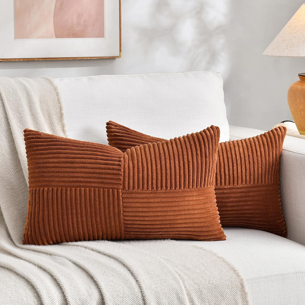 Rust Lumbar Decorative Throw Pillow Covers 12x20 Inch, Rustic Farmhouse Boho Home Decor, Soft Striped Corduroy