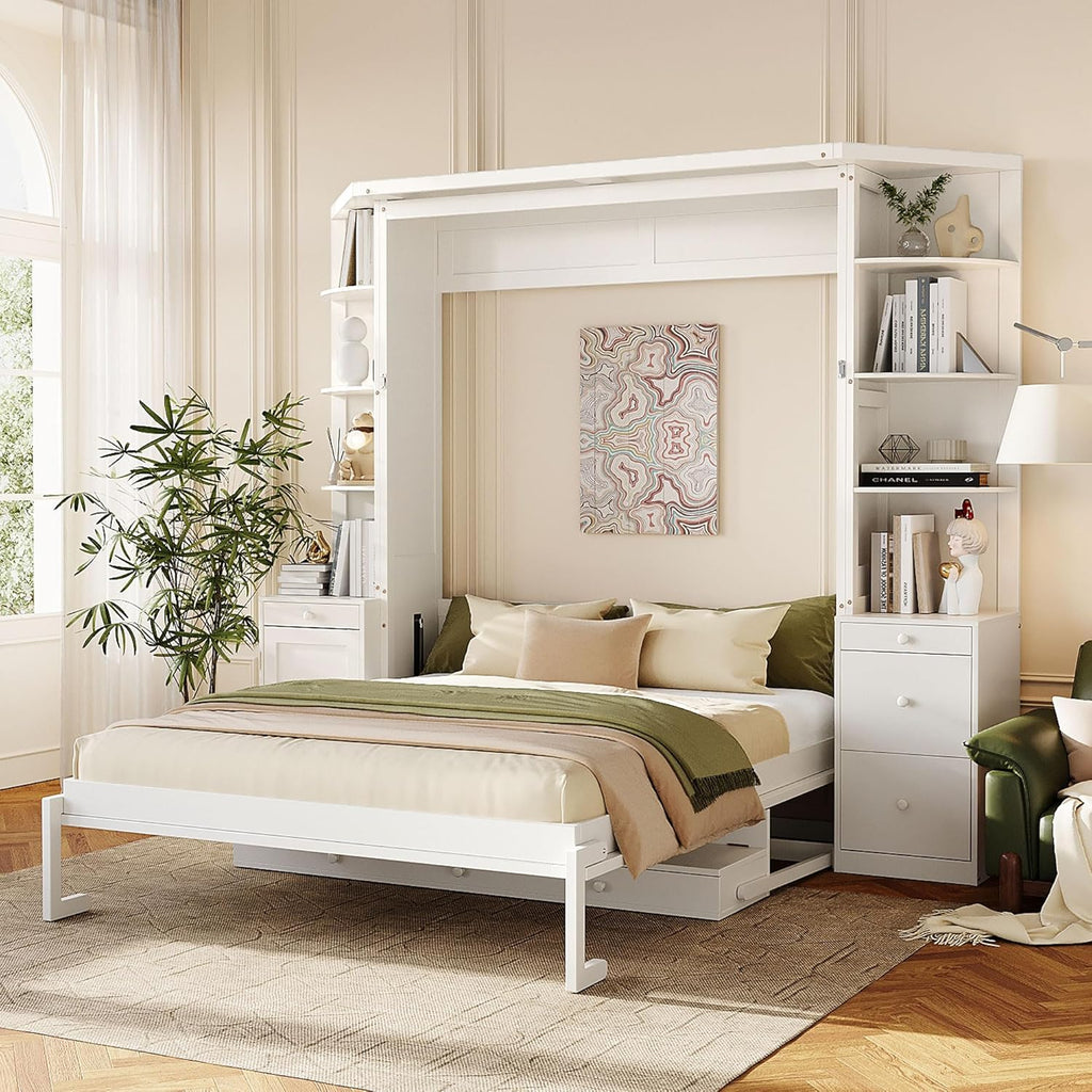 Murphy Bed with Desk, Lights, Storage Shelves and Cabinets, Hidden Wall Bed for Home Office, Space-Saving Design
