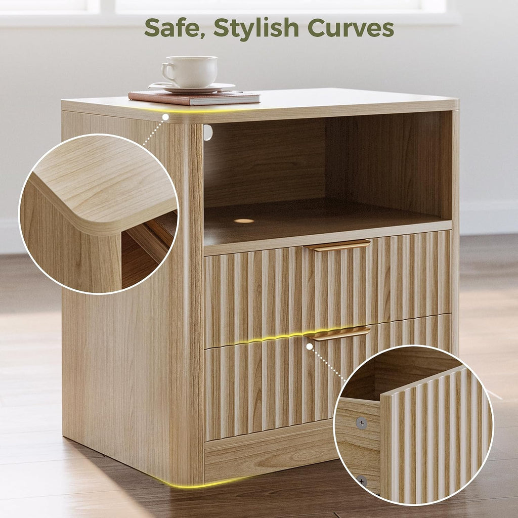 Fluted Night Stand Set of 2, Modern Nightstand with Charging Station, Drawers and Open Shelves - Bedside Table Wood