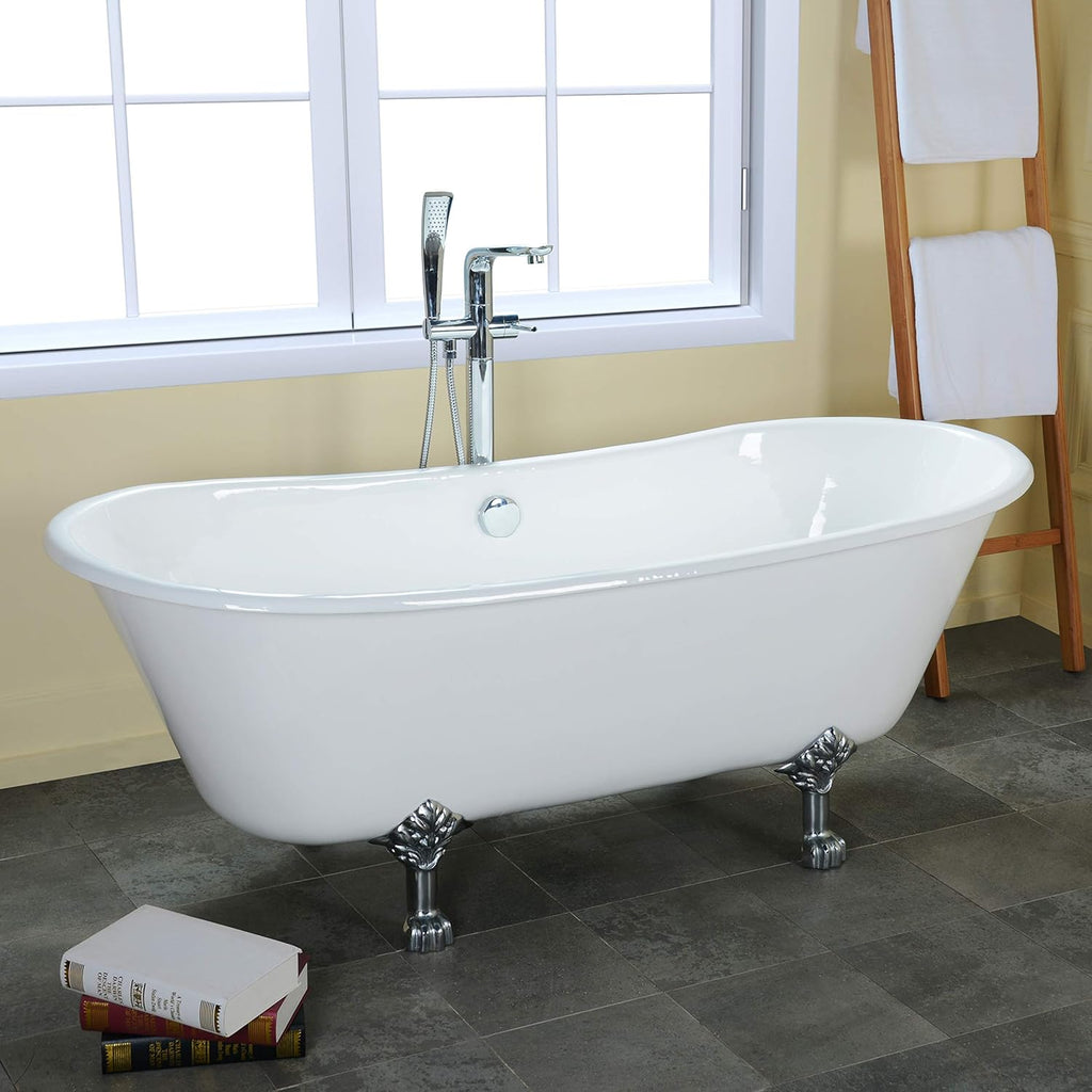 Aqua Eden VCTND6728NH1 Cast Iron Double Slipper Clawfoot Bathtub Chrome Feet without Drillings, 67-Inch, White