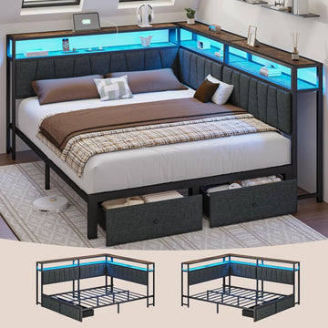 Queen Corner Bed Frame with Storage Drawers, Modern Daybed with LED Lights and Charging Station, Metal Platform Bed