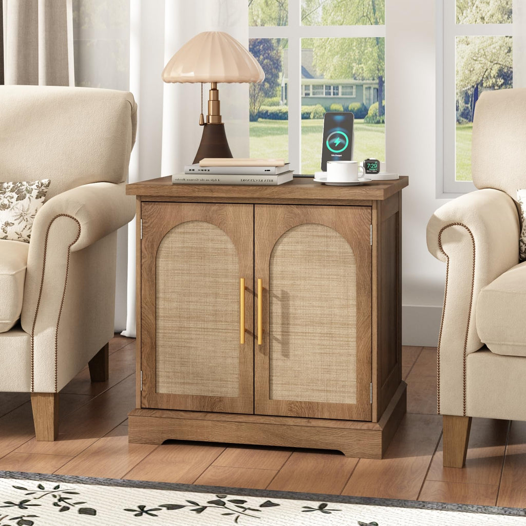 Rattan with Charging Station, 24" Large Sofa Side Table