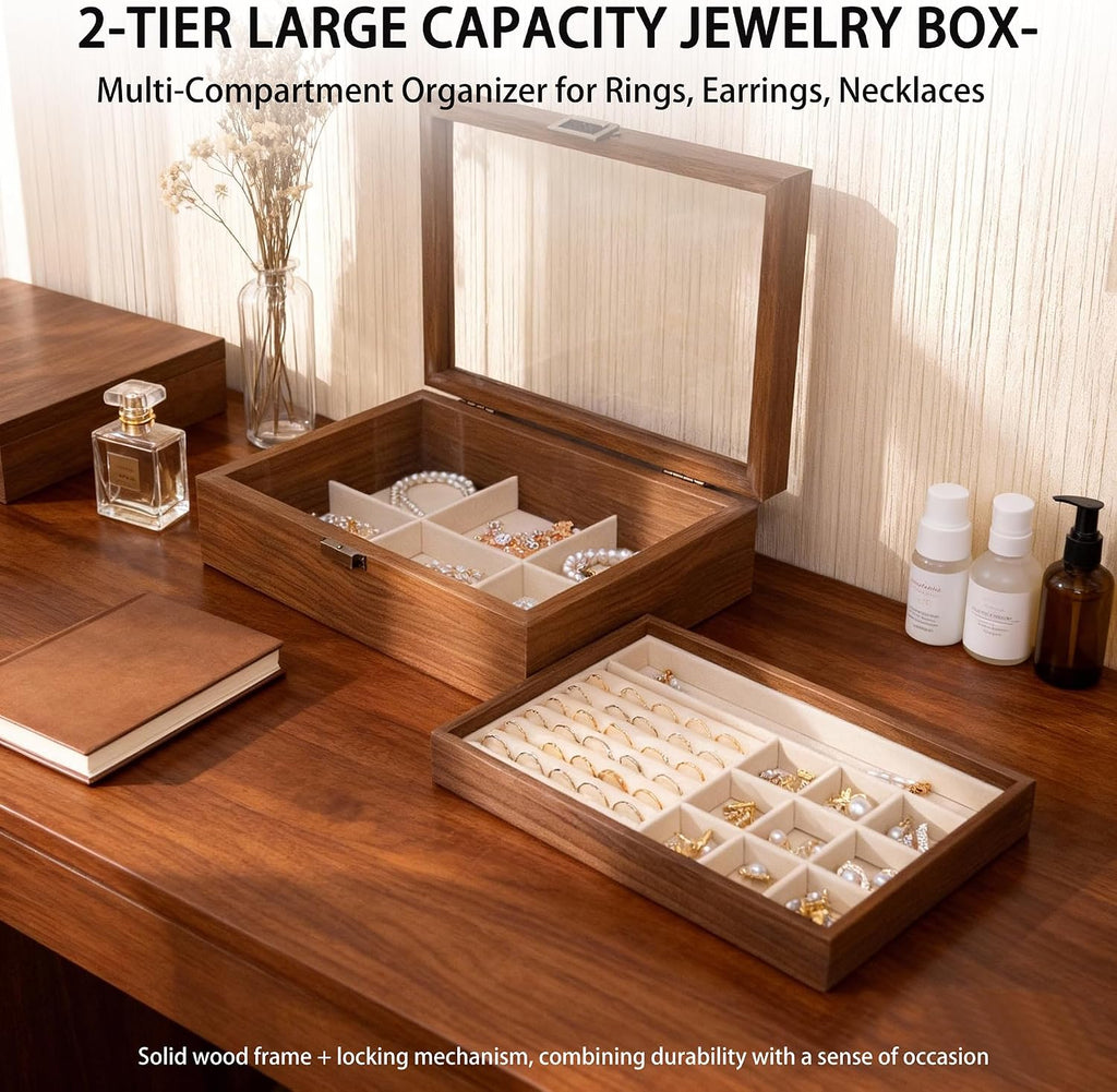 2-Layer Glass Lid Walnut Jewelry Box,Wooden Jewelry Organizer