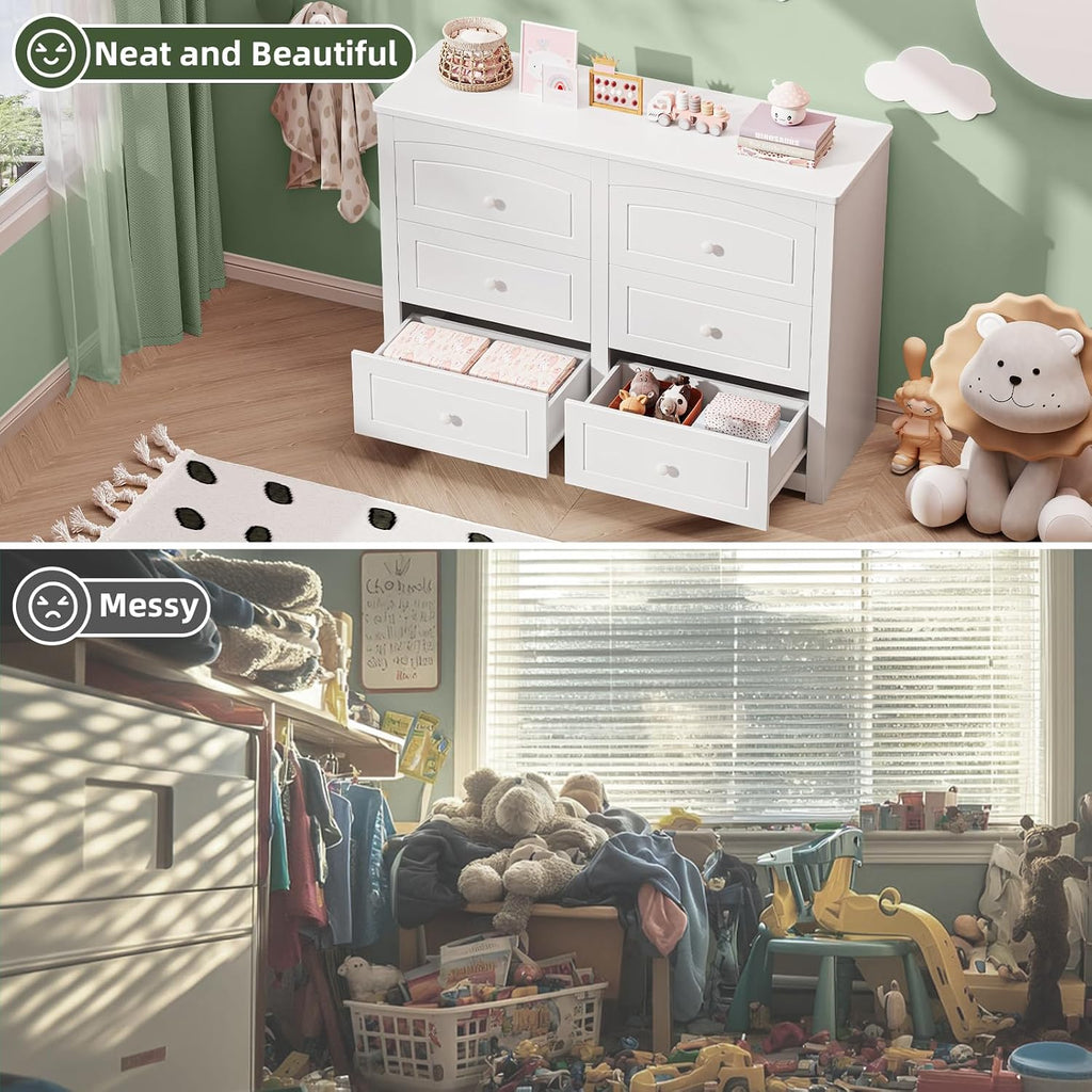Kids Dresser Cabinet with 6 Drawers and Large Table Top, Multi-Functional Chest of Drawers, Baby Dresser, Kids