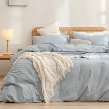 Cotton Solid Duvet Cover Set Linen Feel Cornflower Blue Queen - Set of 3