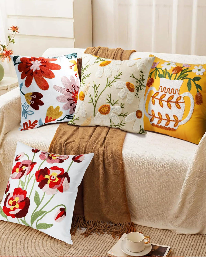 Embroidered Throw Pillow Cover - 18x18 Decorative Pillow Cover with Zipper Aesthetic Cute Design Boho Spring Summer