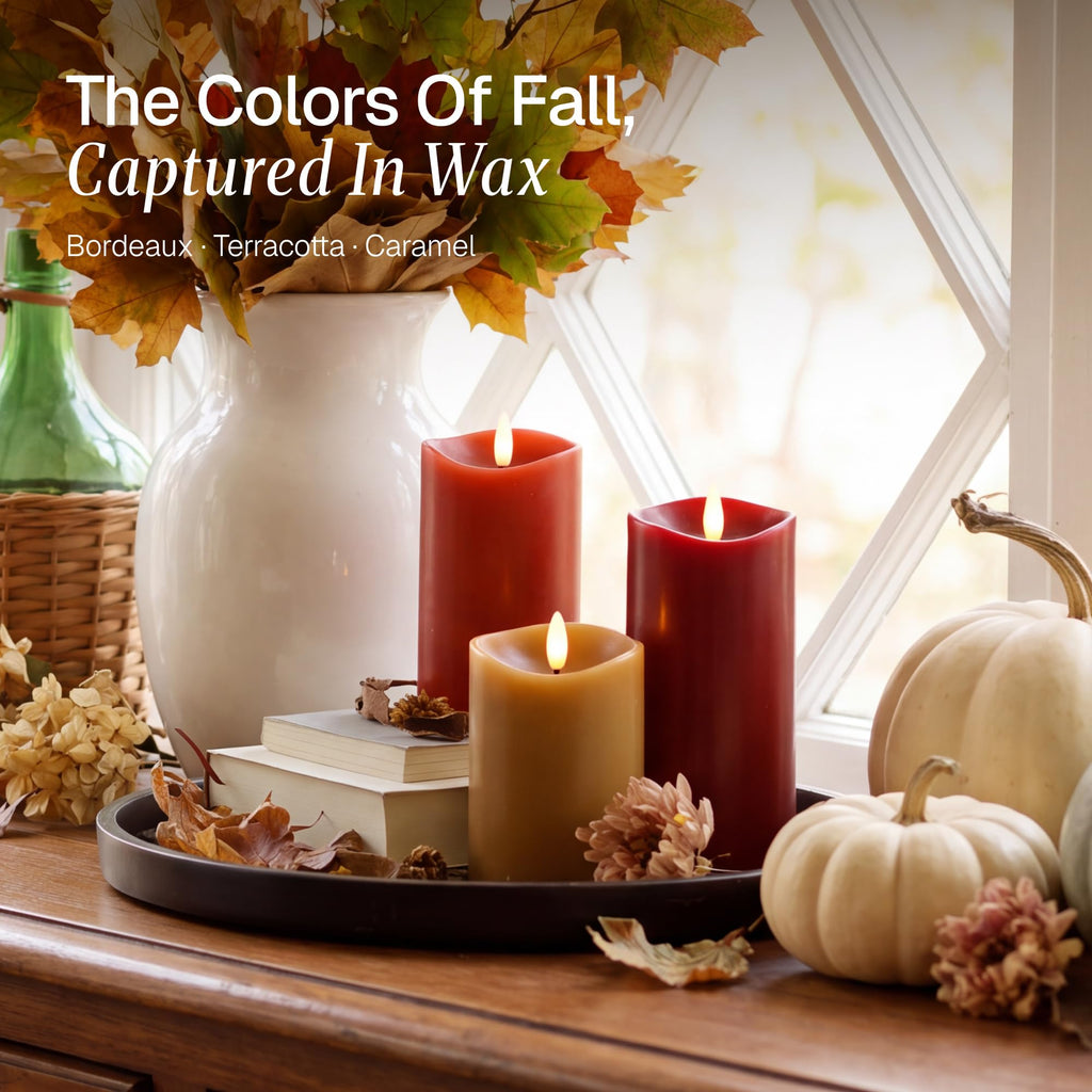 Fall Flameless Pillar Candles with Remote, Real Wax LED Candles, Set of 3