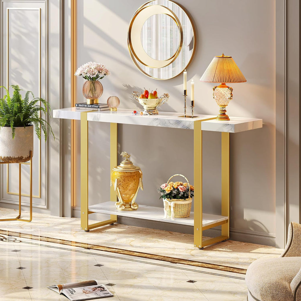 47.2 Inch Entryway Table with Marble Top, 2-Tier Modern Console Sofa Table with Storage, Accent Table, for Entry