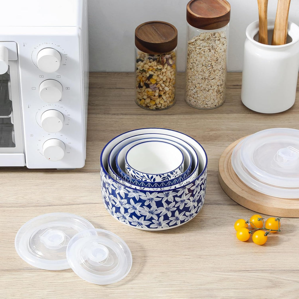 Ceramic Nesting Bowls with Lids Set of 4, Serving Bowls for Food Storage, Prep Bowl, Ceramic Bowl , Microwave &