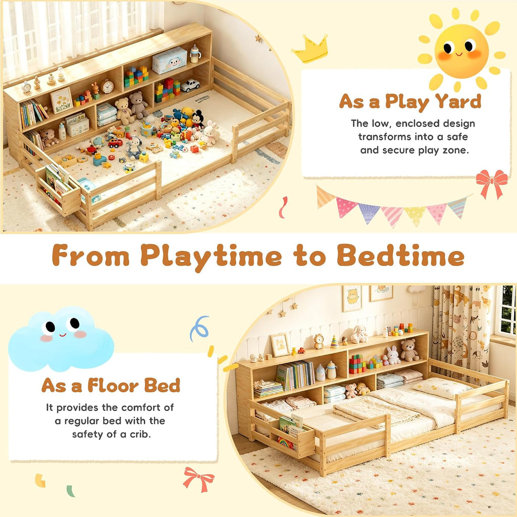 Twin Floor Bed for Kids, Wooden Montessori Bed Frame with Bookcase, Bedside Storage Shelves & Guardrails, Versatile