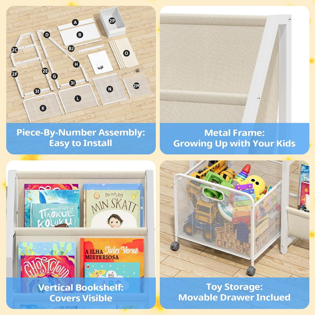 Kids Bookshelf Toy Storage Organizer & 2 Bins,3 Tier White | Kids Bookcase Equipped With Movable Drawer And 2 Toy