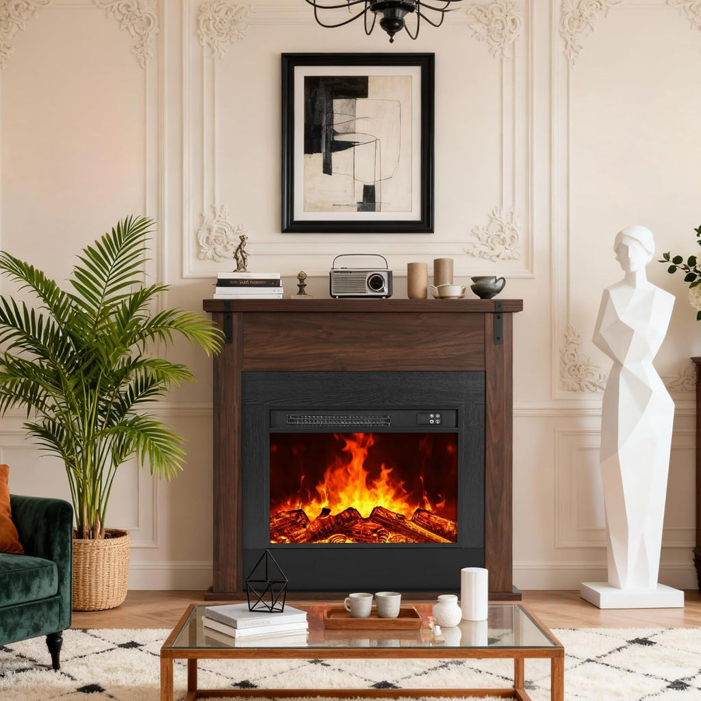 36" Modern Freestanding Electric Fireplace with Mantel, Minimalist TV Stand Electric for Living Room, Bed Room, Walnut