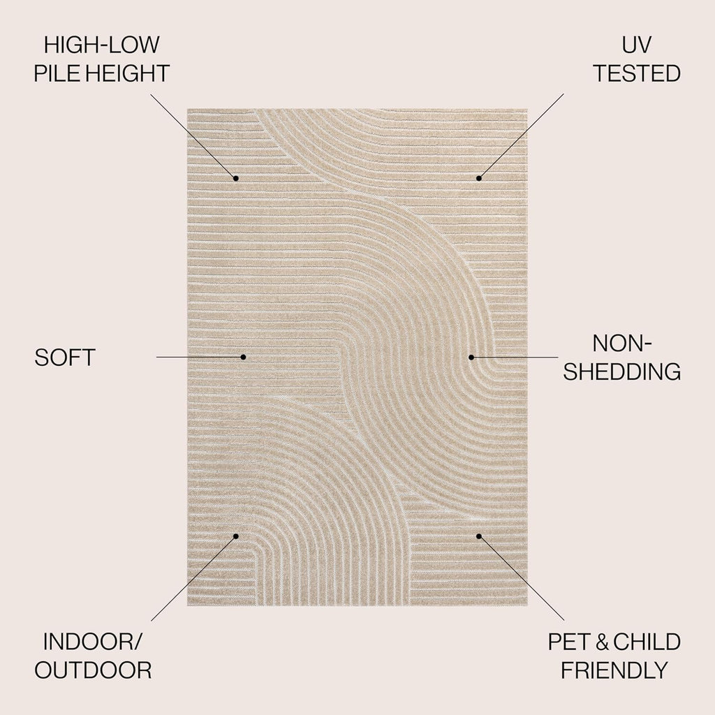 Hallie High-Low Curve Beige/Cream Indoor/Outdoor Area Rug, Minimalist, Japandi, Geometric, Pet Friendly