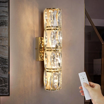 Gold Crystal Wall Sconce, Modern Dimmable LED Indoor Wall Light Fixtures with Remote, Elegant K9 Crystal Bathroom