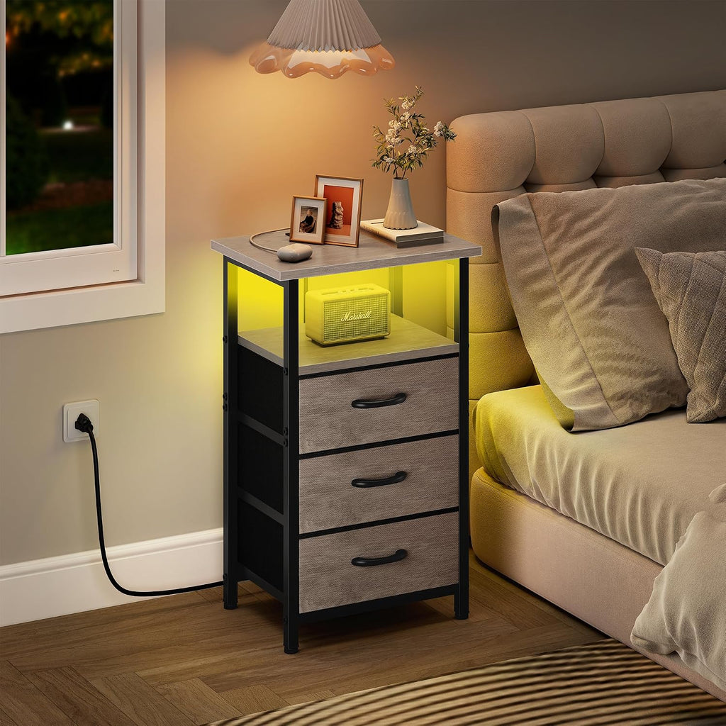 Night Stand Set 2 with Charging Station, LED Nightstand , Bedside Table with 3 Fabric Drawers, End Table Side Table