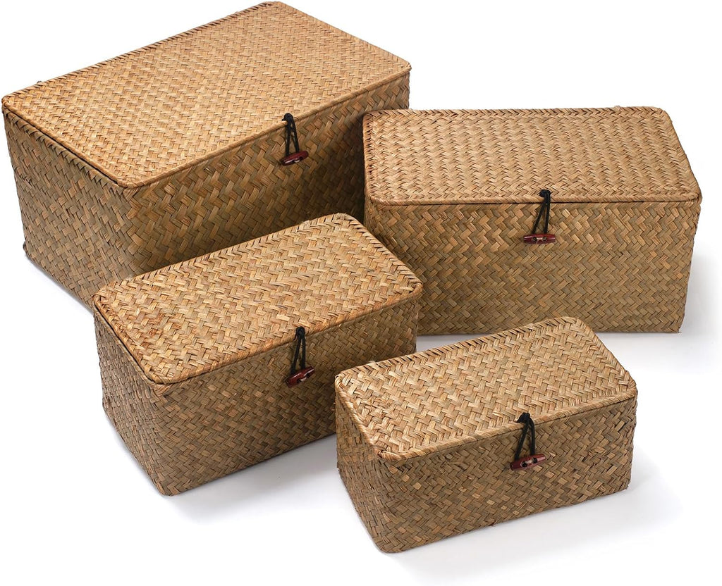 Wicker Basket with Lid, Seagrass Storage Basket, Woven Baskets for Storage, Decorative Storage Baskets for Shelf