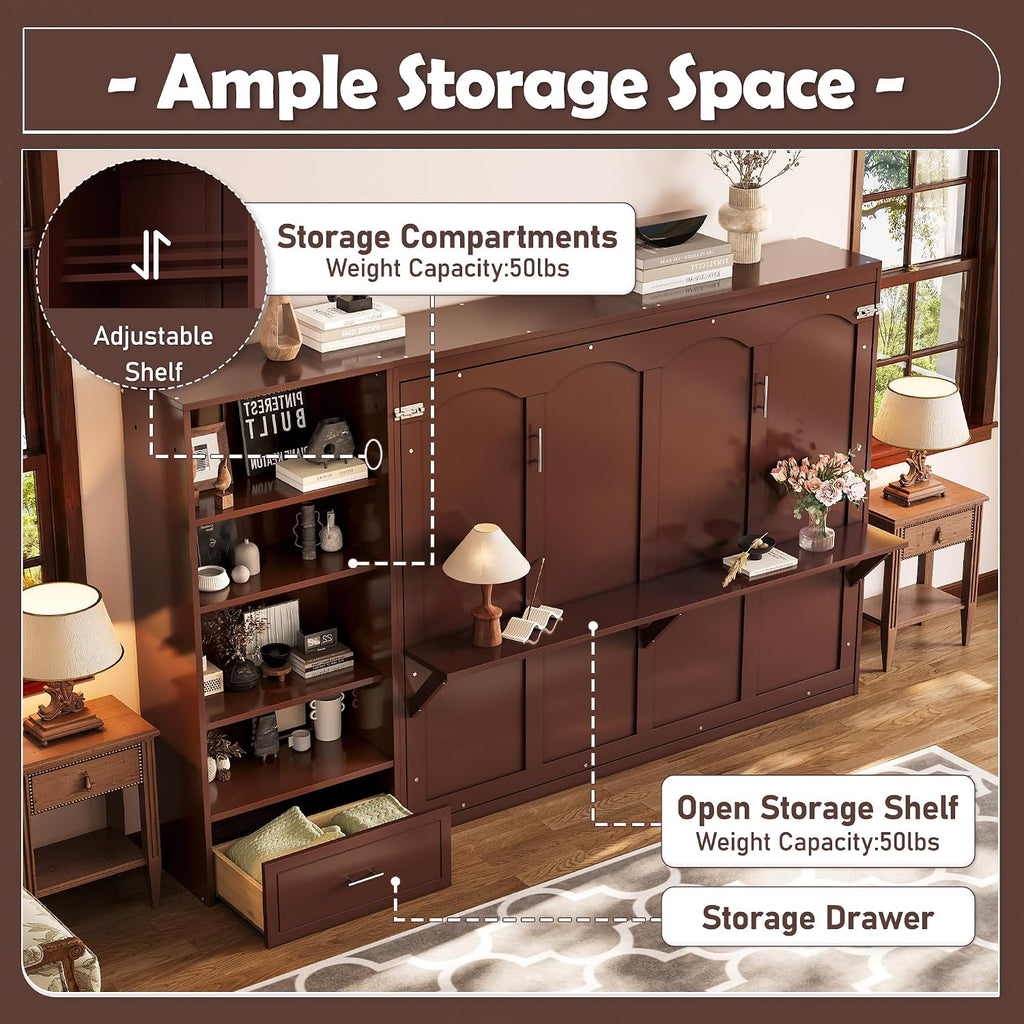 Queen Horizontal Murphy Bed with Desk, Foldable Wall Bed Frame with Storage Drawers, Shelves & Movable Cabinets