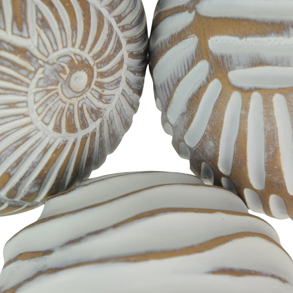Set of 6 Decorative Orbs, 3 Inch Whitewashed Geometric Resin Spheres | Three Distinct Designs, Hand-Carved Wood Look