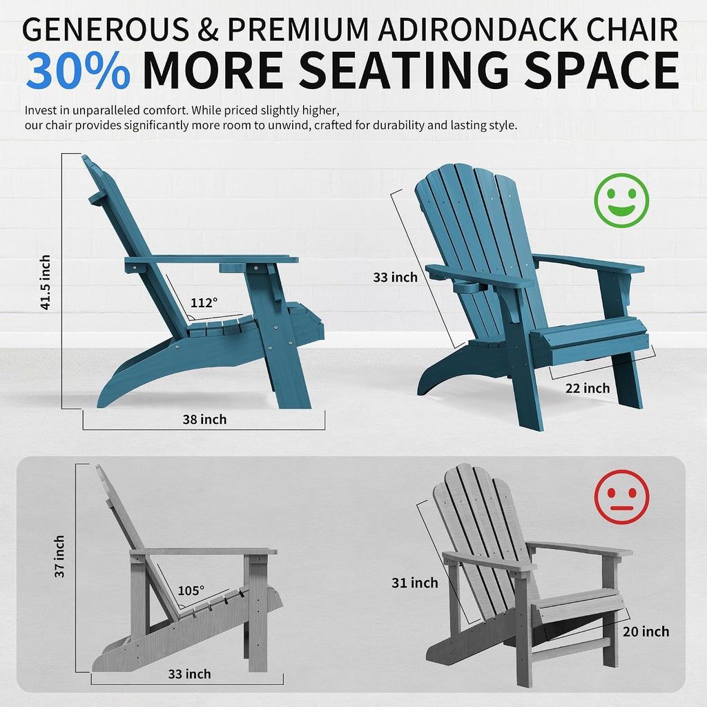 Adirondack Chairs Set of 2 with Cup Holder, Blue | 350Lbs Support, All Weather Patio Chairs for Fire Pit Deck