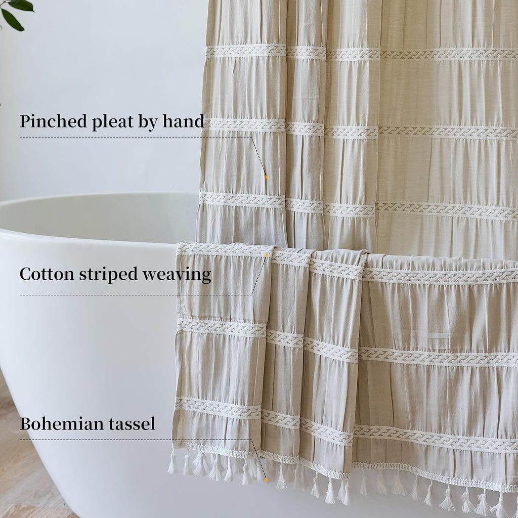 Cream Shower Curtain Fabric Rustic Shower Curtain Farmhouse Striped Cotton Blend Thick Boho Shower Curtains for