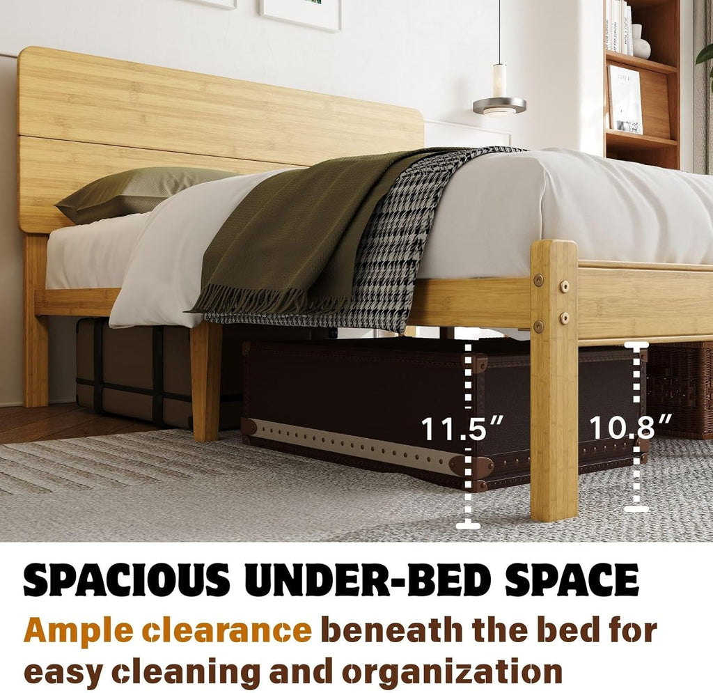 14 Inch Solid Bamboo Wood Queen Bed Frame with Headboard, Platform Bed Frame Queen with Metal Slats, No Box Spring