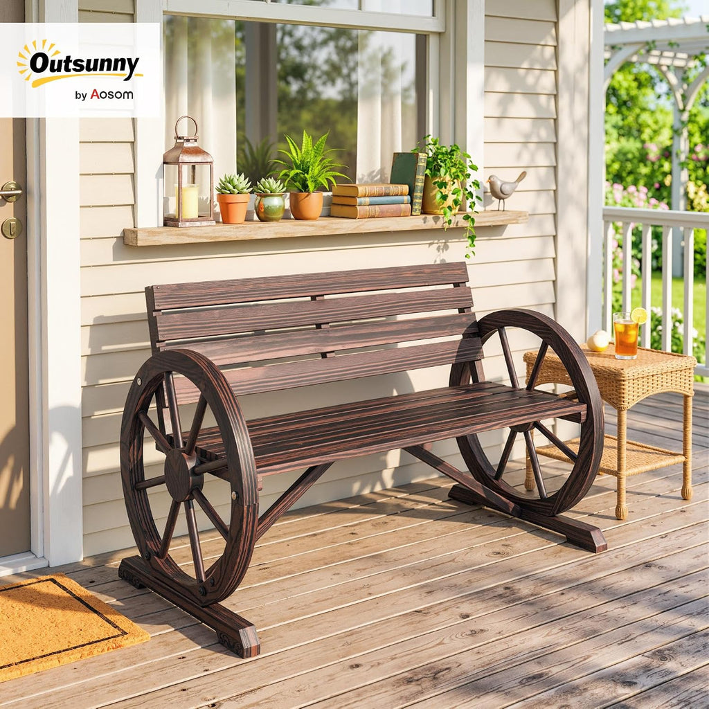41" Wooden Wagon Wheel Bench Rustic Outdoor 2-Person Carbonized | Patio Bench, Weather Resistance Furniture, Slatted