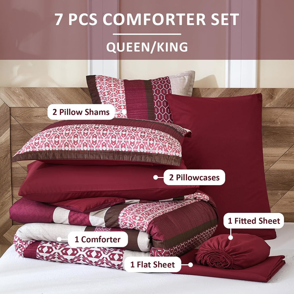 DJY Boho Comforter Set King,7 Pieces Bed in a Bag Burgundy Red Striped Bedding Sets,Patchwork Soft Microfiber Bedding