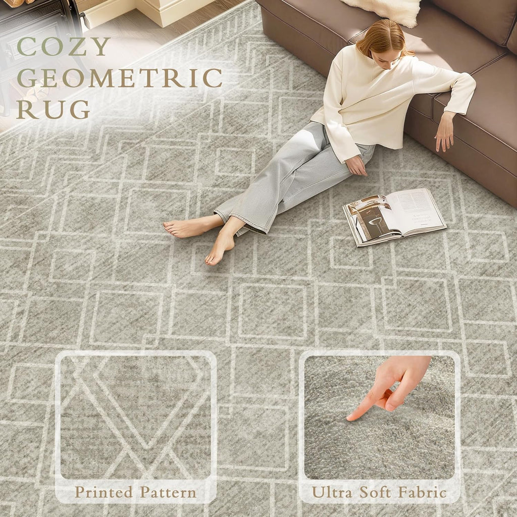 Area Rugs 9x12 Living Room Rug: Washable Geometric Moroccan Neutral Rugs Boho Modern Non Slip Area R
