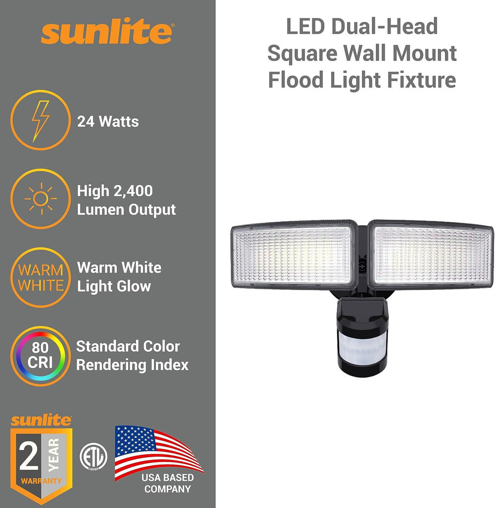 88911-SU LED Dual-Head Square Wall Mount Flood Light Fixture with Motion Sensor, 24 Watts, 120 Volts, 2400 Lumen