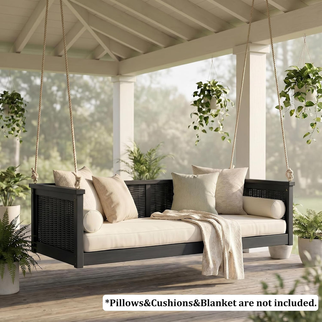 Twin Size Outdoor Porch Swing Bed, Solid Wood Rattan Swing Daybed Frame with Long Ropes , Poolside, Backyard, Black