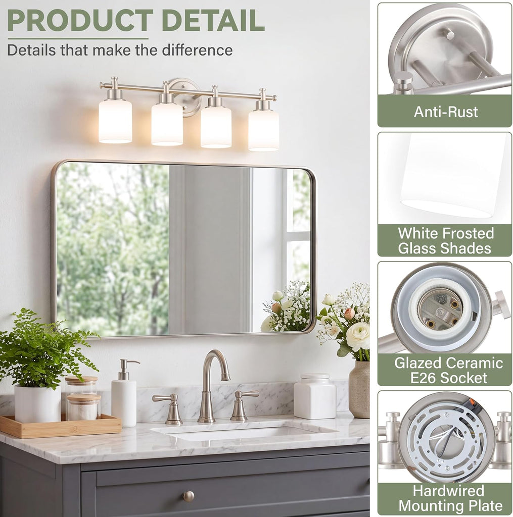 4 Light Bathroom Vanity Light Fixture Over Mirror, Brushed Nickel, 23'' | Vanity Lights , White Frosted Glass Shades