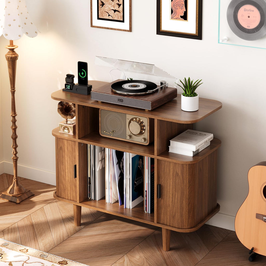 Record Player Stand with Charging Station